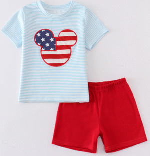 Boys 2t-5 Boys 2t- 5. Features large Mouse design on short sleeve top. Mickey Mouse top, and includes red short. Celebrate in style with our Patriotic Collection, designed for babies and toddlers ages 0–5T. These red, white, and blue outfits are made from ultra-soft materials, featuring adorable ruffles, playful pockets, and comfy fits your little ones will love. Whether you’re dressing twins, siblings, or the whole crew, these perfectly coordinated pieces make matching moments easy and photo-ready. From backyard barbecues to fireworks at sunset—this collection is made for memory-making.