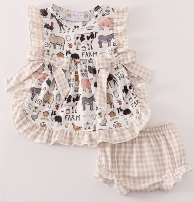Girl 0-24 months Girl 0-24m Features sleeveless design, animal print, frills and bow in this 2 piece set! Bring the charm of the countryside to your little one’s wardrobe with our farm animal outfit collection! Featuring playful prints like cows, pigs, and chickens, these soft and stylish sets are designed for twins and siblings ages 0–5T. Perfectly coordinated, comfy, and made for everyday adventures — only at Sync Style Twins.twin outfits, farm animal clothes for kids, organic toddler clothing, matching twin sets, gender-neutral baby clothes, toddler romper set, bio cotton kidswear