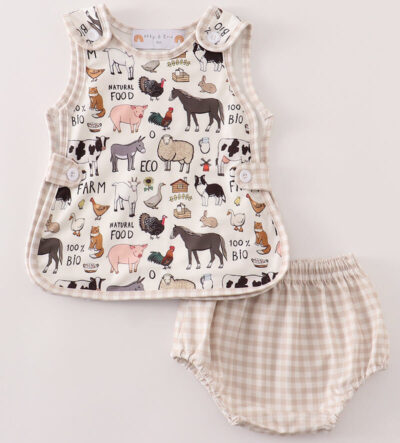Boys 0-24 months Boys 0-24m Features sleeveless design and animal print 2 piece set! Bring the charm of the countryside to your little one’s wardrobe with our farm animal outfit collection! Featuring playful prints like cows, pigs, and chickens, these soft and stylish sets are designed for twins and siblings ages 0–5T. Perfectly coordinated, comfy, and made for everyday adventures — only at Sync Style Twins.. twin outfits, farm animal clothes for kids, organic toddler clothing, matching twin sets, gender-neutral baby clothes, toddler romper set, bio cotton kidswear