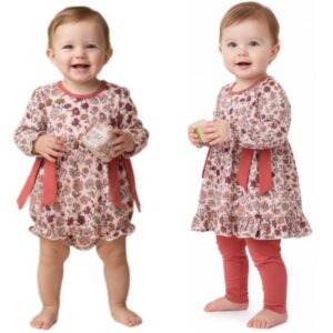 Two baby girl autumn outfits in soft corduroy with warm floral prints. One is a romper with ribbon details, and the other is a pants and top set, both in matching fall tones.