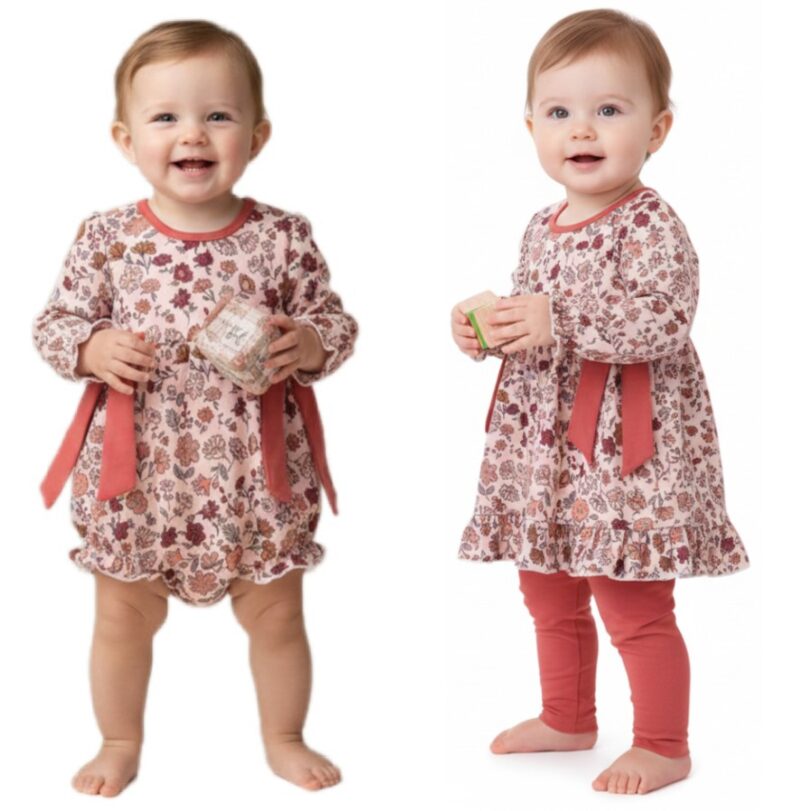 Two baby girl autumn outfits in soft corduroy with warm floral prints. One is a romper with ribbon details, and the other is a pants and top set, both in matching fall tones.