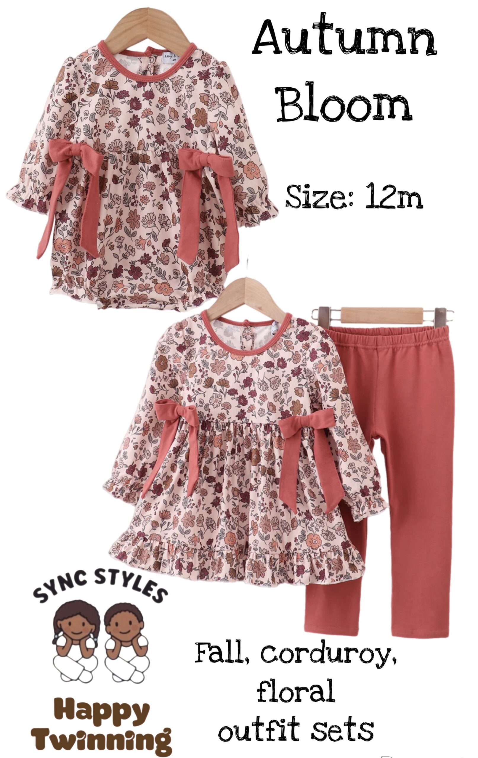 Two baby girl autumn outfits in soft corduroy with warm floral prints. One is a romper with ribbon details, and the other is a pants and top set, both in matching fall tones.