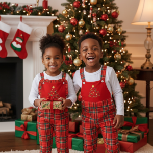 Red plaid Christmas overalls set for toddlers with white long sleeve shirt – girls ruffle version and boys classic version.