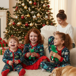 Festive holiday dinosaur outfit for girls in red and green with Christmas tree details