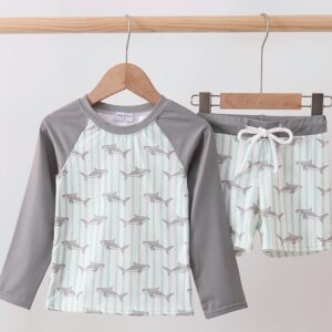 Boys shark swimwear one piece swimsuit with gray shark print and aqua stripes