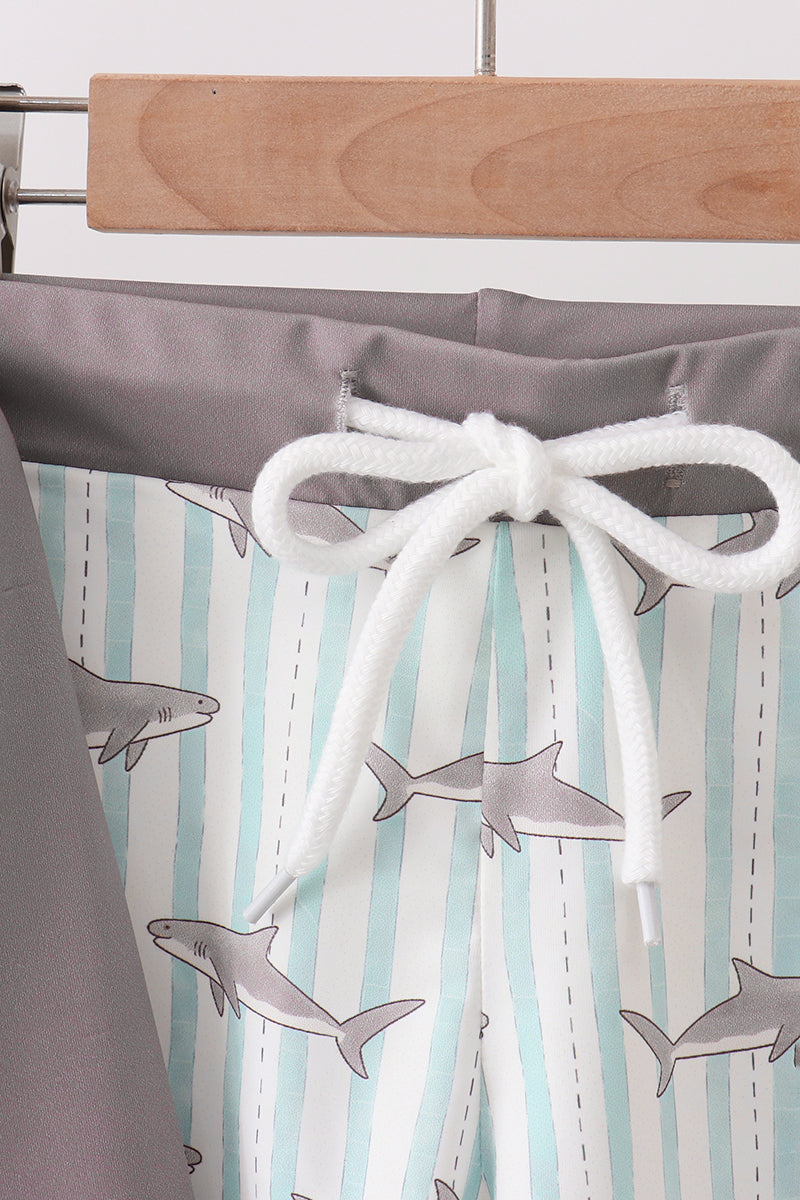 Boys shark swimwear swim trunks with gray shark print and UPF 50 plus protection
