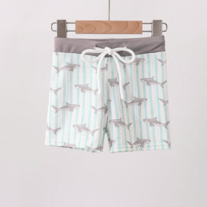 Boys shark swimwear swim trunks with gray shark print and UPF 50 plus protection
