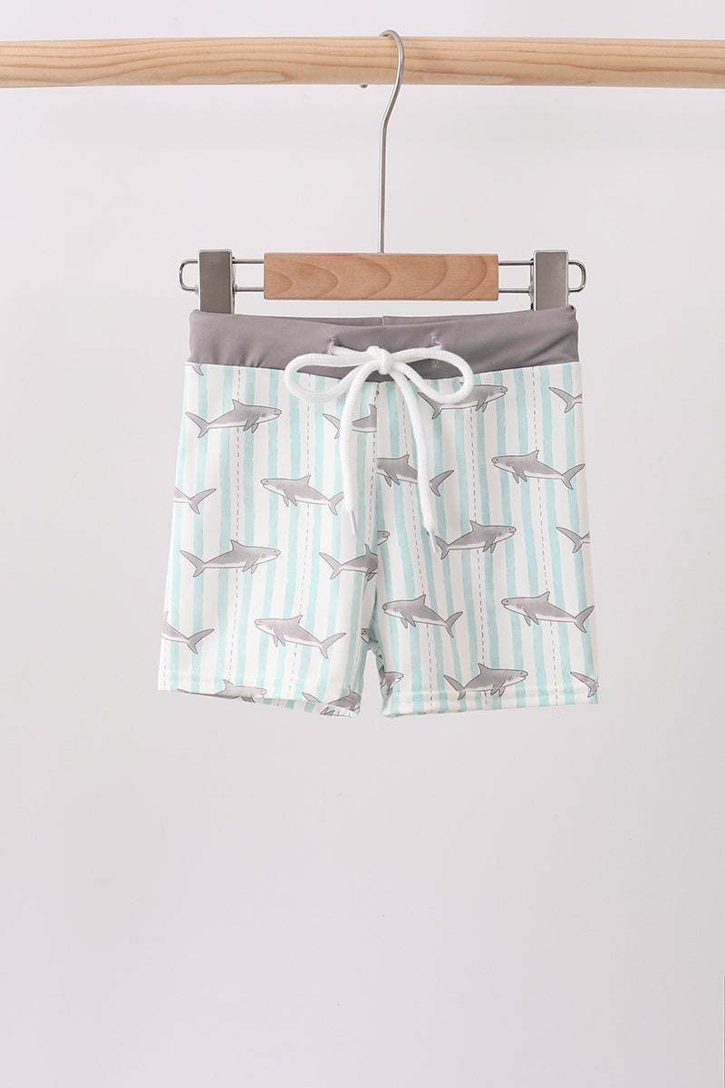 Boys shark swimwear swim trunks with gray shark print and UPF 50 plus protection