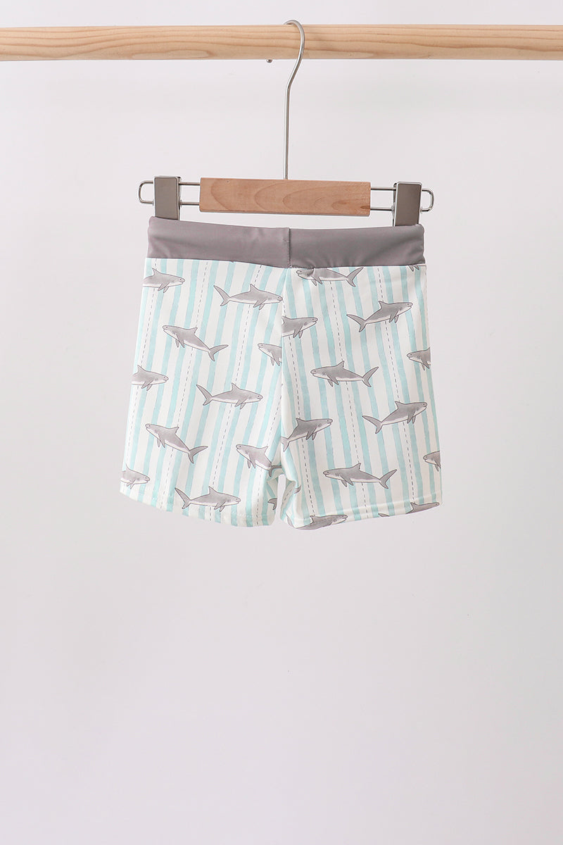 Boys shark swimwear swim trunks with gray shark print and UPF 50 plus protection