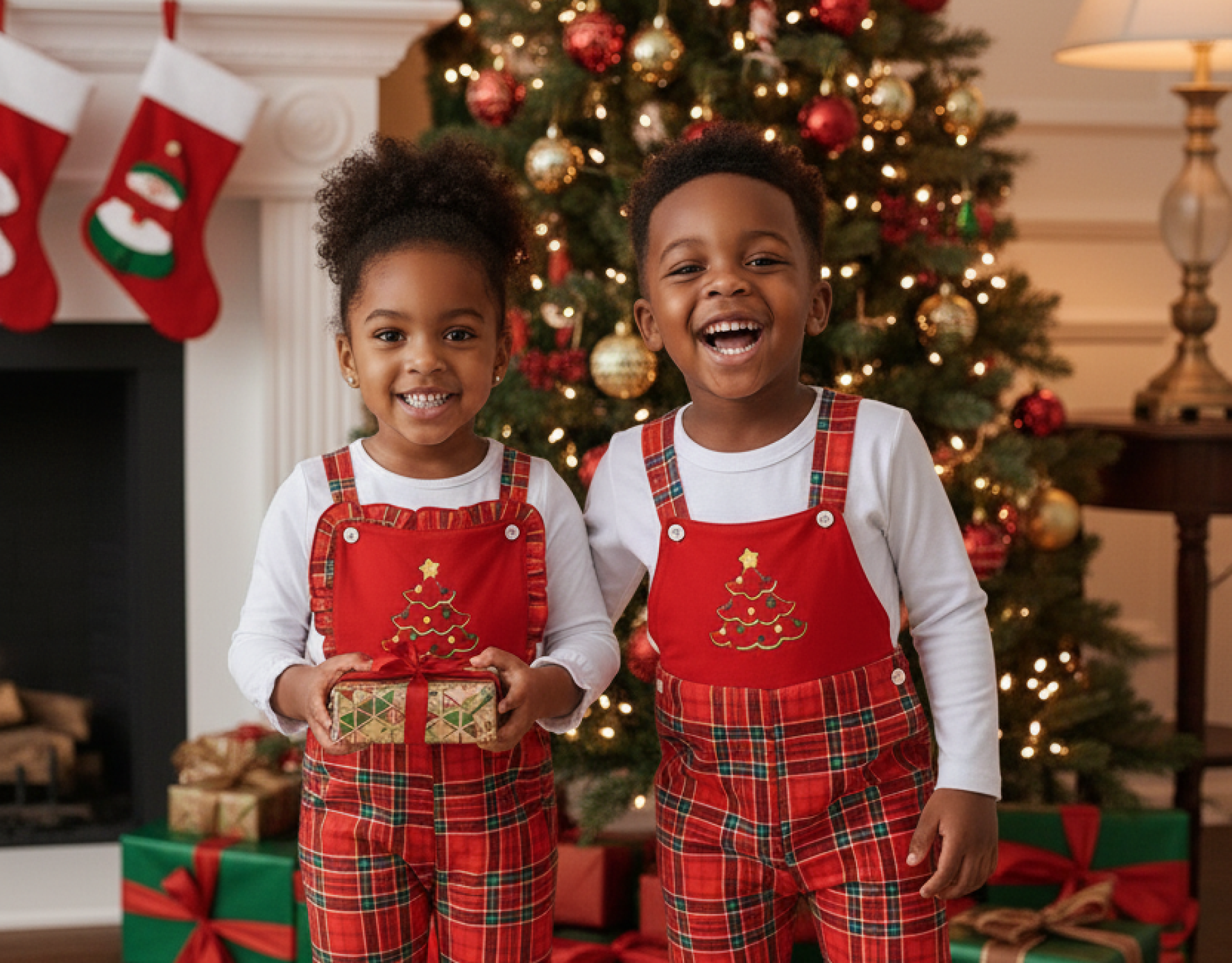 Red plaid Christmas overalls set for toddlers with white long sleeve shirt – girls ruffle version and boys classic version.